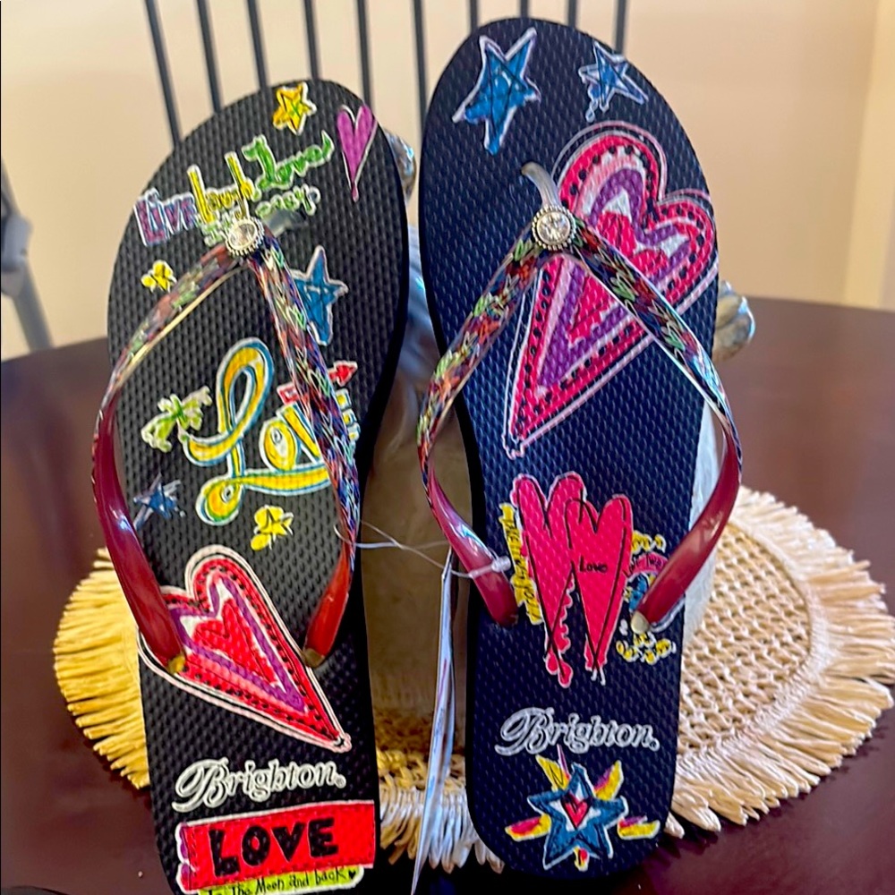 Brighton Black Flip Flops with Colorful Heart Graphics
